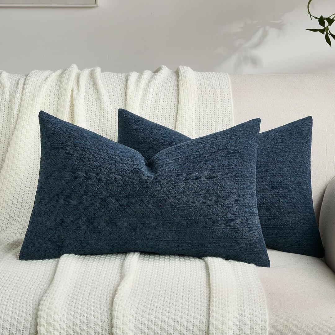 FUTEI Pack of 2 Solid Chenille Throw Pillow Covers 12x20 Inch Soft Farmhouse Decorative Accent Lumbar Pillowcases Modern Home Decor for Couch Living Room, Navy Blue