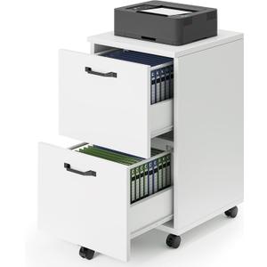 DUMOS 2 Drawer Filing Cabinet, Rolling Wood File Cabinet for Home Office, Under Desk Storage with Lockable Wheels, Printer Stand, Office Organizer, White