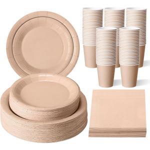 Tioncy 200 Pcs Disposable Paper Plates Cups and Napkins Christmas Party Supplies Serve 50 Guests Disposable Paper Dinnerware Set for Birthday Wedding Baby Shower Family Picnic(Deep Nude)