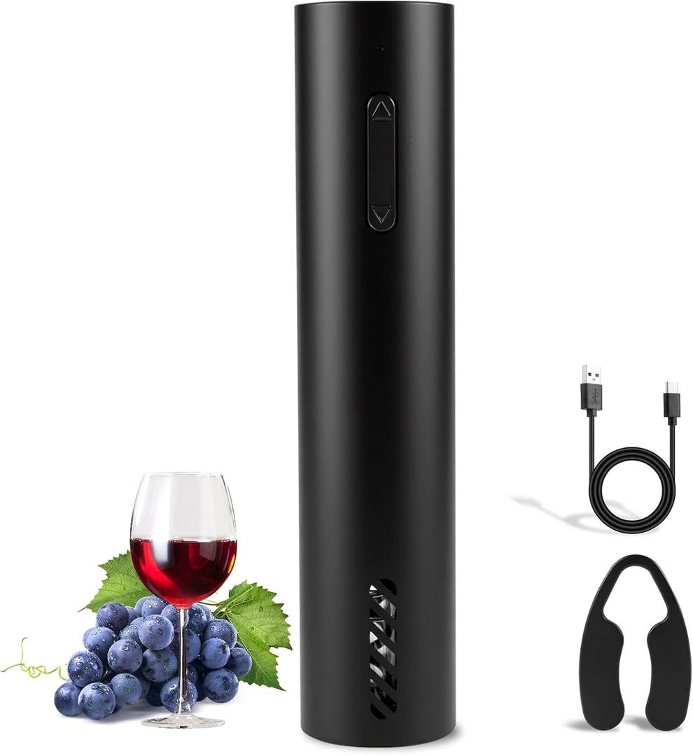 Wine Opener Electric Rechargeable, Rechargeable Battery Operated Wine Bottle Opener with Foil Cutter, One-click Corkscrew Remover for Home, Kitchen, Party, Wedding - Black