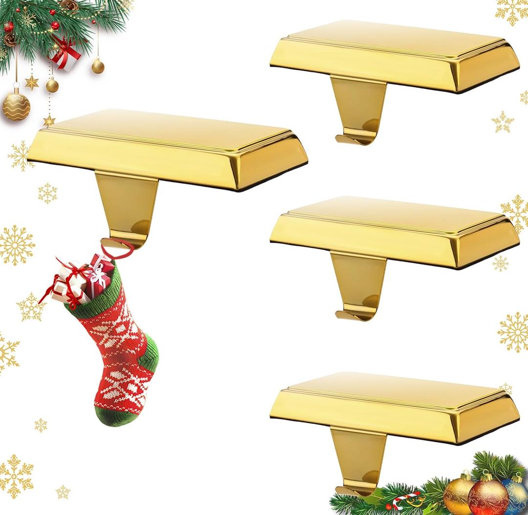 Gold Metal Stocking Holders - Set of 4, Weighted Hangers with Non-Slip Pads, Flat Design for Mantle, TV Stand, Staircase, Dresser
