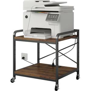 Under Desk Printer Stand with Power Outlet Large Printer Table with Adjustable Shelf,Industrial Wheels, 20 Inches Deep 2 Tier Rolling Printer Cart for Home Office, Rustic Brown