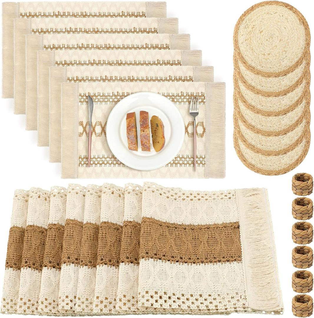Xuhal 19 Pcs Boho Table Runner Placemat and Napkin Ring Set 11.8 x 106.3'' Woven Macrame Table Runner with Tassel Natural Burlap Round Rectangle Mat Farmhouse Decoration for Christmas Wedding Dinner