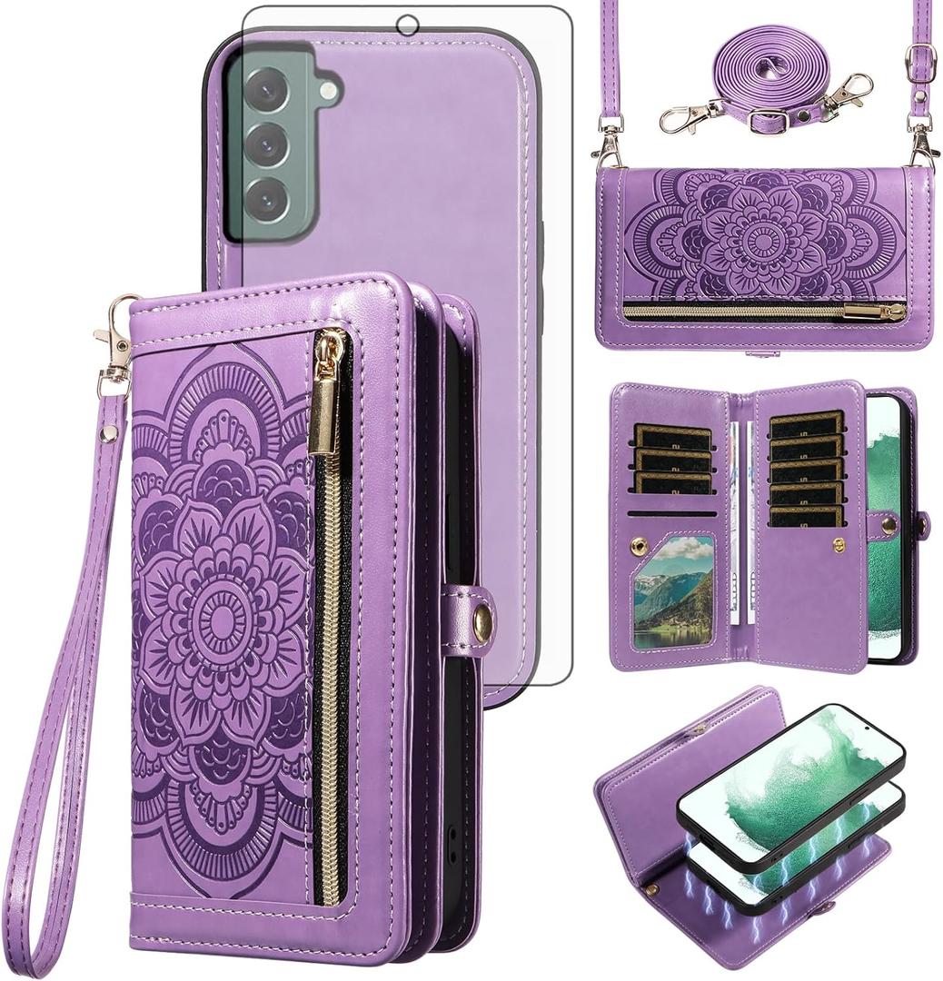 Asuwish Phone Case for Samsung Galaxy S22 Plus S22+ 5G Zipper Wallet Detachable Cell Cover with Tempered Glass Screen Protector Strap Flower Card Holder Slot S22+5G S22plus 22S + S 22 22+ Women Purple