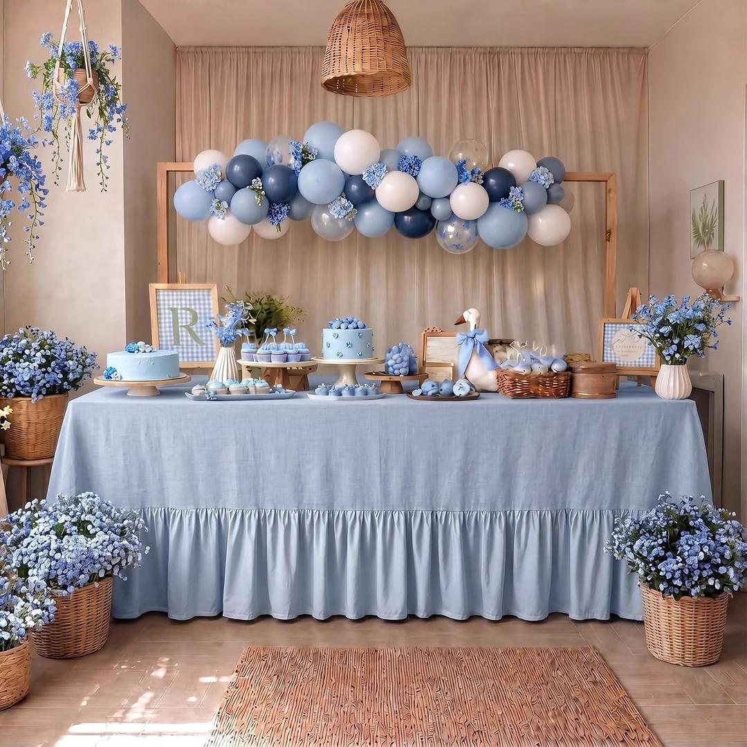 Moukeren 120"x60" Ruffled Tablecloth Gingham Striped Linen Table Cloth Rectangular Tablecloth Fits 8-10 Seater Table for Baby Shower Birthday Party Picnic Decoration(Blue,Classic), 11.8" x 8.3"