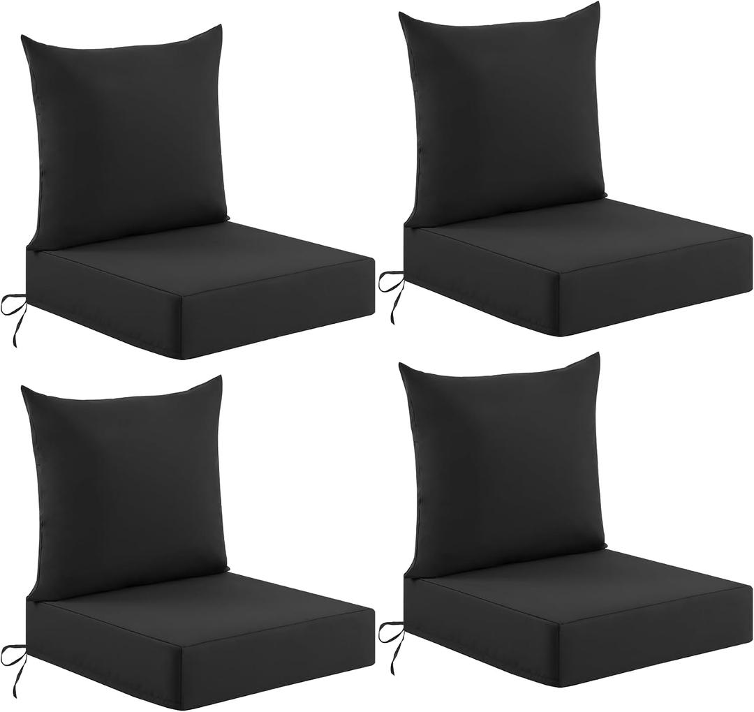 Deep Seat Patio Cushions Set of 4, 24x24x5.75 Inch, Waterproof Outdoor Chair Cushions, Fade Resistant Patio Furniture Cushions with Ties for Couch, Sofa, Lawn, Outside, Black, 24*24+5.75/25*22.5 inch
