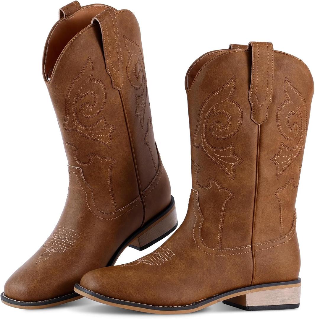 RLW Kids Cowboy Boots for Boys Girls Western Square Toe Youth Cowgirl Boots for Toddler Little & Big Kid (Brown, 8)