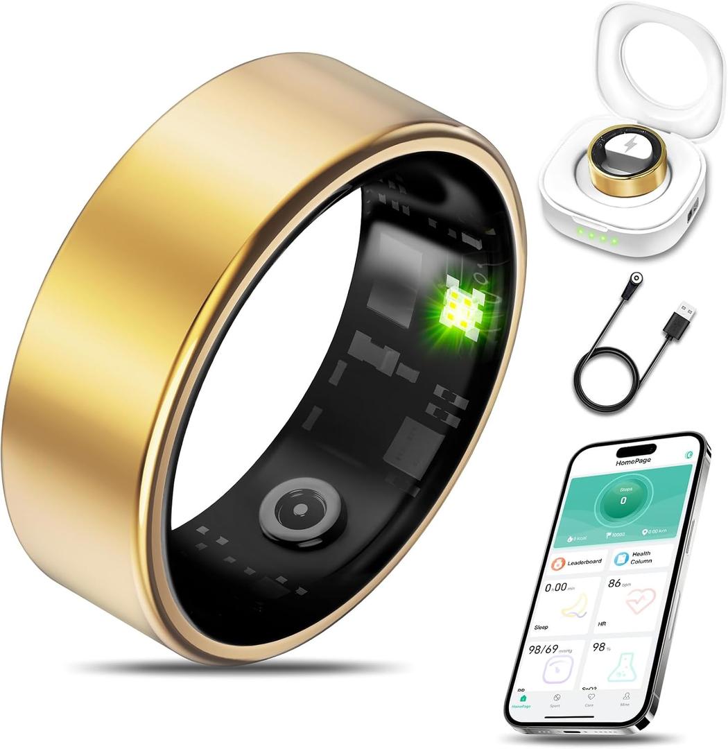 Smart Health Ring for Women Men Fitness Tracker with Heart Rate, Blood Oxygen, Blood Pressure, Sleep Monitoring, Step Counting, IP68 Waterproof for iOS and Android, No APP Fee, Gold 9