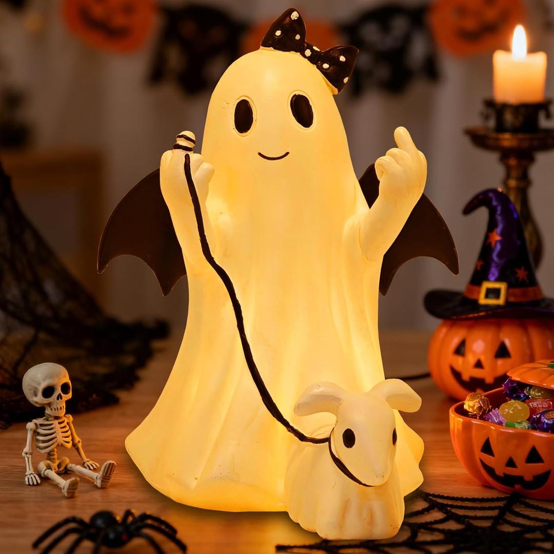 Ghost Walking Dog Statue Decor with LED, Halloween Spooky Ghost Dog Resin Figurine,Cute Light-Up Finger Ghost Decorations for Party, Home, Bedroom, Shelf, Table Centerpiece (Girl)