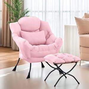 Furlide Lazy Chair with Ottoman, Modern Lounge Chair with Lumbar Pillow, Accent Cozy Reading Armchair and Folding Footstool for Bedroom, Dorm, Living Room, Pink