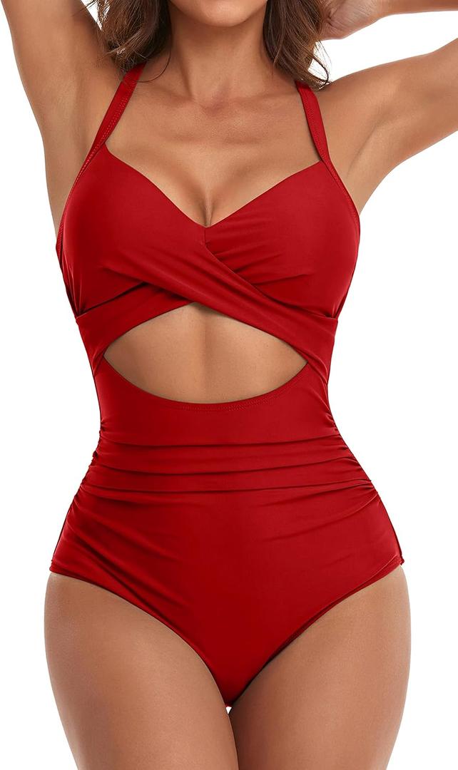 Eomenie Women's One Piece Swimsuits Tummy Control Cutout High Waisted Bathing Suit Wrap Tie Back 1 Piece Swimsuit (Medium, Red)