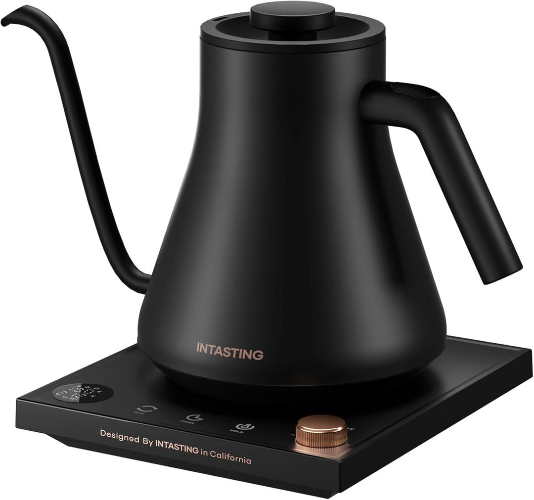 INTASTING Electric Kettles, Gooseneck Electric Kettle, 1 Temperature Control, Stainless Steel Inner, Quick Heating, for Pour Over Coffee, Brew Tea, Boil Hot Water, 0.9L Black