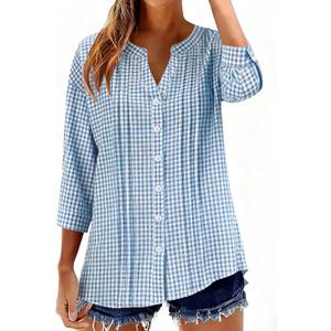Micoson Womens 3/4 Sleeve Tops Cotton Linen Button Down Shirts V Neck Pleated Casual Loose Blouses Roll Up Sleeve Shirt (Small, 3-blue Plaid)