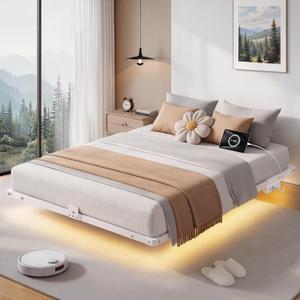 Floating Bed Frame King Size with 4-Side Underbed RGB LED Lights & Charging Station, Modern Metal Platform Bed No Box Spring Needed, 10in Comfort Height, 1000lbs Support for Bedroom