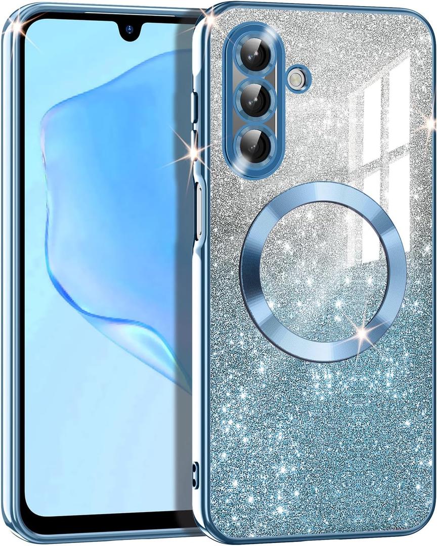Casetego for Galaxy A17 5G Case,Compatible with MagSafe,Clear Magnetic Glitter Gradient Sparkle Luxury Plated Soft TPU Bumper Full Camera Lens Protector for Samsung Galaxy A17 5G,Blue