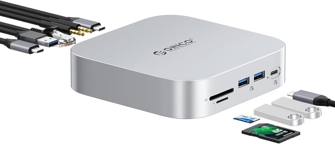 ORICO MiniLink Mac mini M4 Dock & Stand, 2  10Gbps USB 3.2 Ports, 10Gbps USB C, USB A 3.0, 2.5G Ethernet Port, SD/TF, 3.5mm Headphone & Microphone Jacks, Compatible with Mac mini M4/M4 Pro (M48PR)
