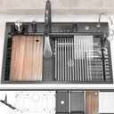 33x22 inch Waterfall Kitchen Sink Drop In with Workstation 16 Gauge Metal Black Stainless Steel Single Bowl Nano Honeycomb Embossed Pattern