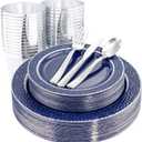 Ciaell 150 PCS Blue and Silver Plastic Plates - Blue Disposable Plate include 50 Plates, 25 Knives, 25 Forks, 25 Spoons, 25 Cups for Weddings & Party & Graduation