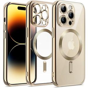 Premium Clear Case Compatible with iPhone 15 Pro Max Magnetic, Clear MagSafe, Case Compatible with iPhone 15 Shockproof, Slim Anti-Yellow TPU, Crystal Transparent, Camera Protection (Gold)