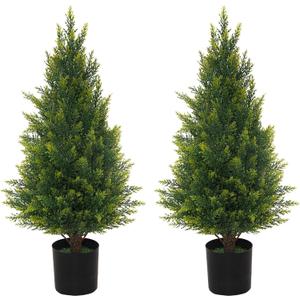 Artificial Topiary Tree Two 2.3ft Faux Bushes Potted Plants UV Resistant Artificial Cedar Trees for Outdoor Indoor Front Porch Garden (2.3 feet)
