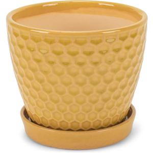 Napco Honeycomb Embossed Bright Yellow 6 Inch Ceramic Flower Pot Planter with Saucer Yellow