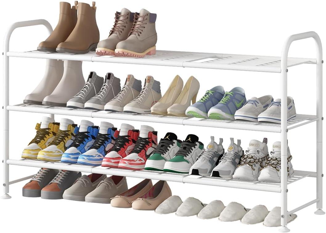 LINZINAR Shoe Rack Long 3 Tier Shoe Storage Organizer Metal Wide Shoe Shelf for Closet Entryway Bedroom 24 Paris Large Capacity, Black (White, 3-Tier)