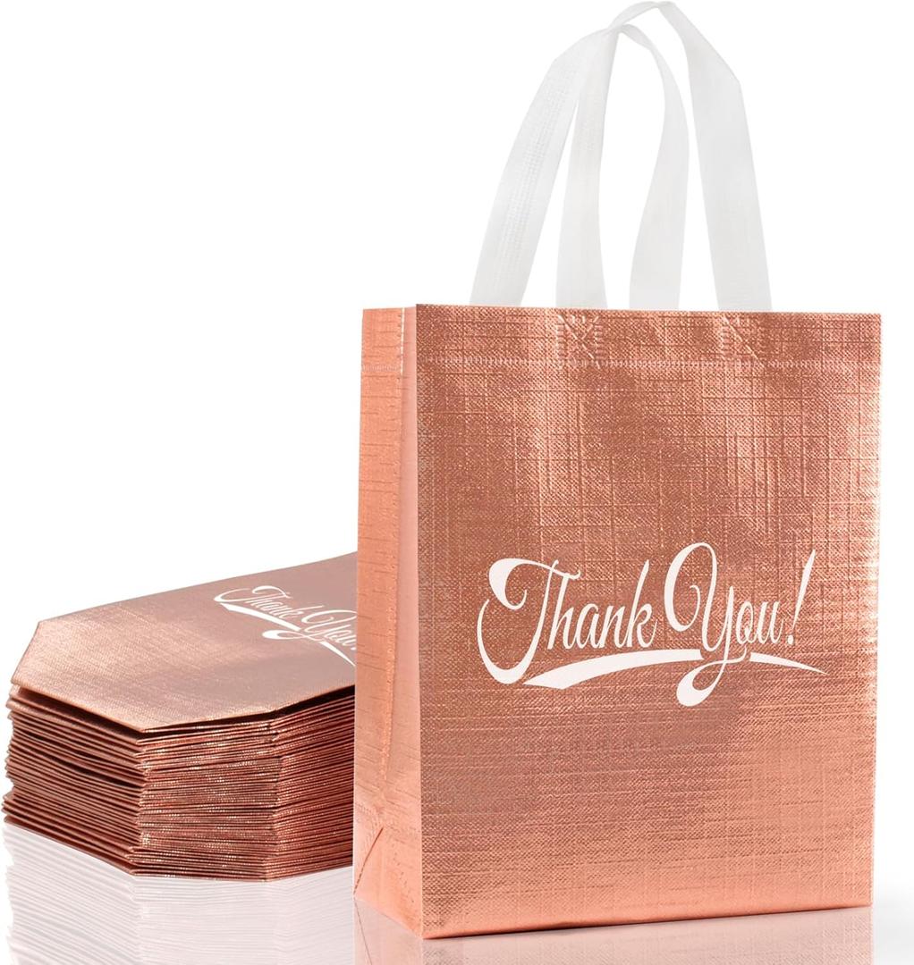Takytao 30 Pcs Thank You Gift Bags with Handles Bulk Reusable Thank You Return Gift Bags Nonwoven Foldable Bag for Business, Shopping, Wedding, Baby Shower, Graduations, Party Favors (Rose Gold-2, Nonwoven-8"L x 4" W x 10"H)