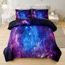 7PCS Purple Comforter Sets Queen,Girls Galaxy Comforter Queen,Girls Bed Sets Queen,Bed in a Bag with Flat Sheet and Fitted Sheet,Pillowcases,Cushion Covers for Girl,Galaxy Bedding Sets, Queen-7pcs
