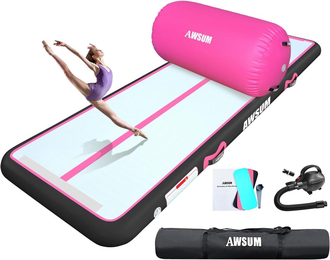 AWSUM 10ft /13ft Gymnastics Mat with Air Roller Tumbling Barrel Back Somersault Backbend Trainer for Inflatable Gymnastics Springboard Back Handspring Equipment, with Electric Pump (10ft*3.3ft*4in&(L)40in*(Diam)23.6", Pink/Black+Pink Roller)