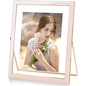 Axeman 8x10 Gold Floating Frame Pink Enamel Picture Frame with Metal Edge for 6x8, 5x7 up to 8x10 Photo Double Glass Floating Picture Frame for Desk Tabletop Shelf Vertical Display