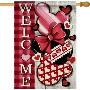 Welcome Decorative House Flag, Red Pink Plaid Stripe Polka Dot Farmhouse Garden Yard Outside Decorations, Anniversary Wedding Outdoor Large Home Decor Double Sided 28 x 40 (Mouse Valentines)