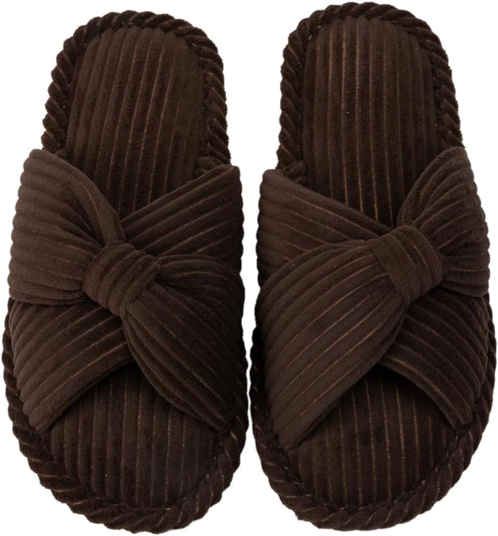 Enteer Women's Corduroy Bow Memory Foam Slippers, Open Toe Cross Band Non-Slip Indoor Outdoor House Slippers
