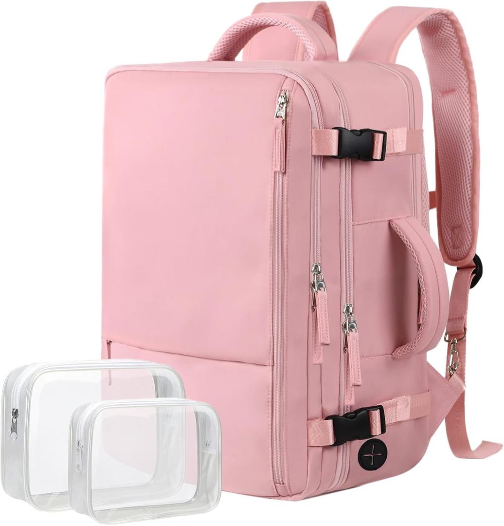 Hanples Carry on Travel Backpack for Women, Large 35L Personal Item Luggage Backpack,17 inch Laptop Backpack TSA Flight Approved, Travel Essentials Casual Daypack with 2 Toiletry Bags (Pink)