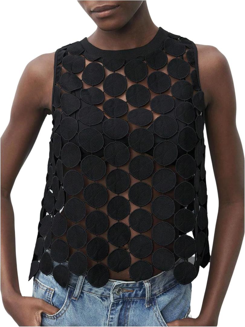 Floerns Women's See Through Sleeveless Y2k Tank Top Crew Neck Vest Shirts (Black)