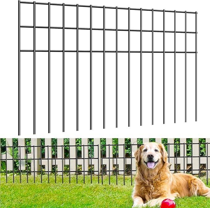 10 Pack 24in(L) X 15in(H) Small/Medium Animal Barrier Fence, 5.5mm Heavy Duty Rod with 1.5" Rod Gap, Dog Rabbits Fences Metal Fence Panel Ground Stakes for Outdoor Patio, Total 20Ft(L), Black