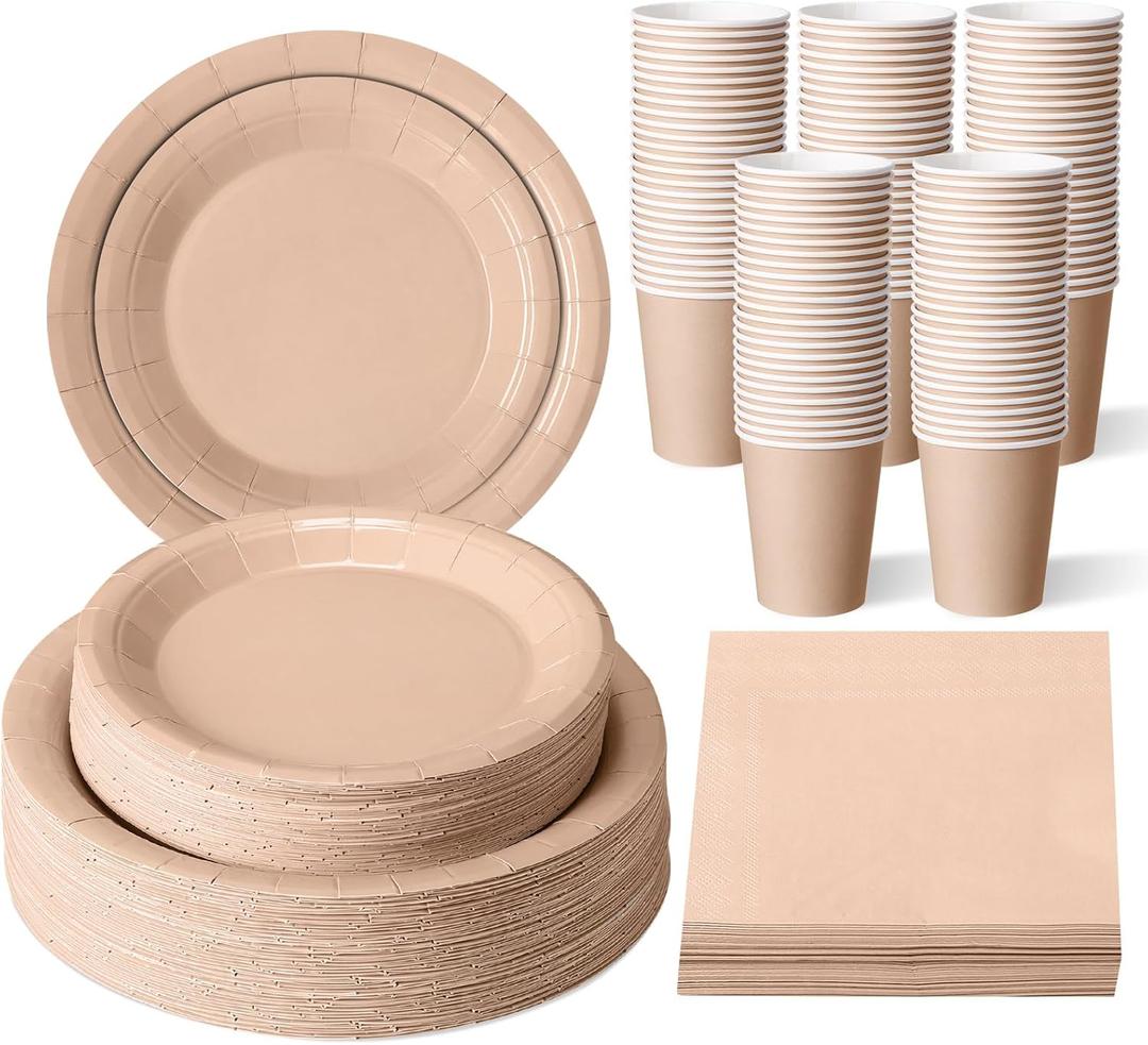 Tioncy 200 Pcs Disposable Paper Plates Cups and Napkins Christmas Party Supplies Serve 50 Guests Disposable Paper Dinnerware Set for Birthday Wedding Baby Shower Family Picnic(Deep Nude)