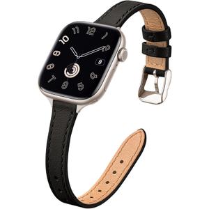 STIROLL Slim Leather Bands Compatible with Apple Watch Band 38mm 40mm 41mm 42mm(Series 11 10), Top Grain Leather Watch Thin Wristband for iWatch SE 9 8 7 6 5 4 3 2 1 (Black Starlight)