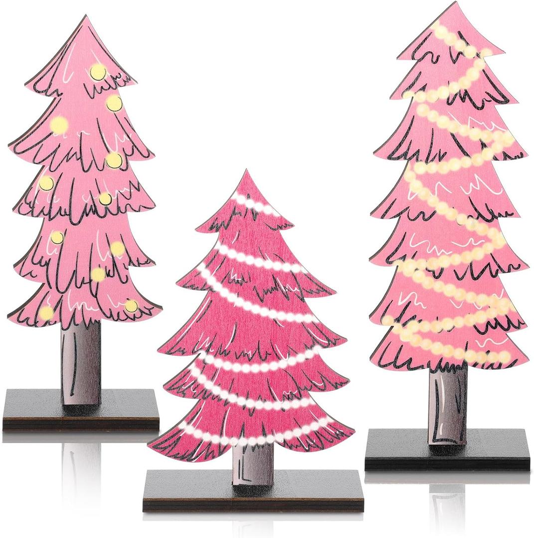 Meooeck 3 Pcs Pink Wood Christmas Trees Tabletop Rustic Christmas Decor Farmhouse Centerpieces Decorations for Tables with Rectangular Base for Home