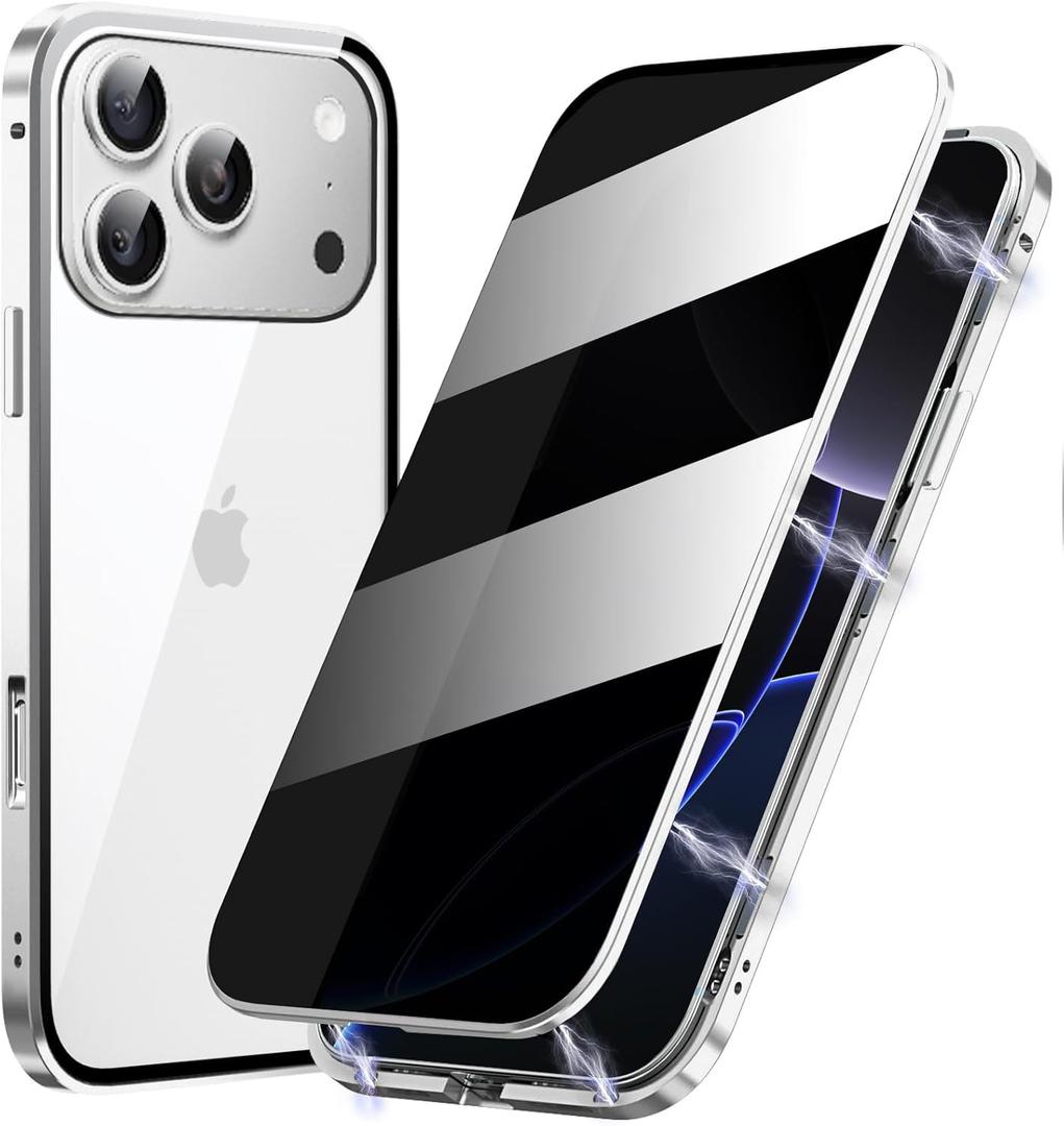 Metal Titanium Frame Privacy Case for iPhone 17 Pro Max, Privacy Screen Protector, Magnetic Adsorption with Safety Buckle Lock, Double Side Tempered Glass, Clear Back Anti Peep Full Body Case Cover