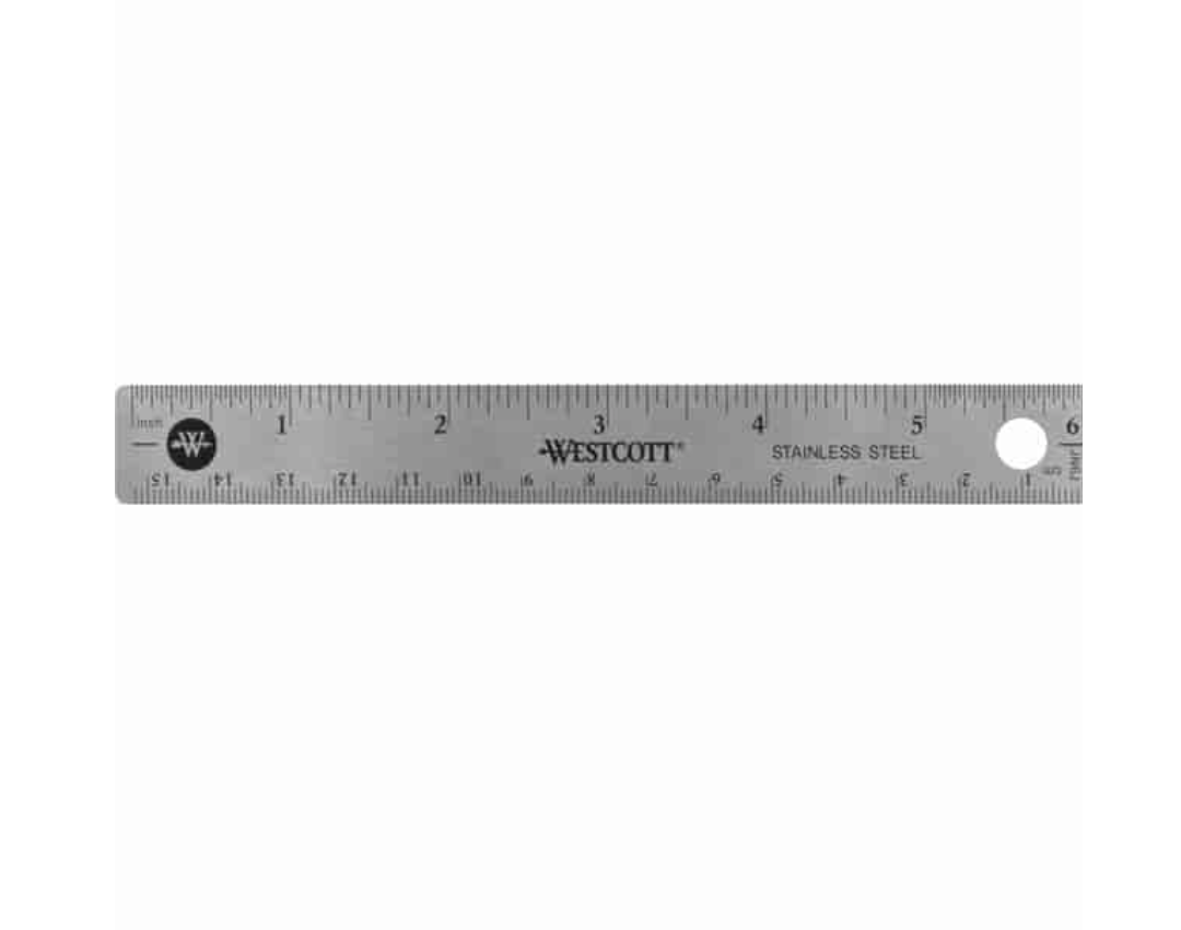 Westcott 6" Stainless Steel Rulers, 6" Length x 0.8" Width, 1/16, 1/32 Graduations, Metric, Imperial Measuring System, Stainless Steel, Stainless Steel, 12 / Box