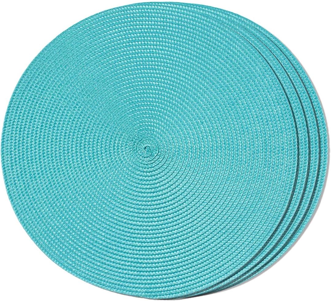 FunWheat Round Braided Placemats Set of 4 Table Mats for Dining Tables Woven Washable Non-Slip Place mats 15inch (Turquoise, 4pcs)