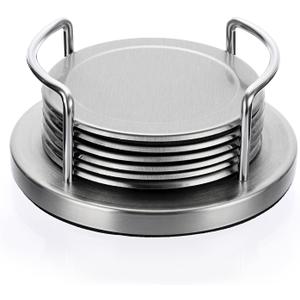 JUXYES Set of 6 Stainless Steel Round Coasters with Holder & Sponge Bottom, Silver Metal Cup Coasters Set Stunning Cool Coaster Cups Mats Decor for Restaurant Kitchen bar Dining Table