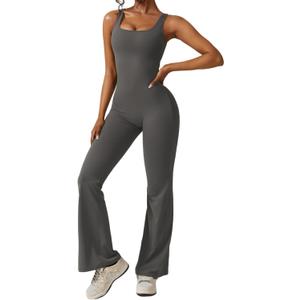 Yknktstc Womens Sleeveless Flare Jumpsuits Sexy Backless Tank Tops Bodycon Scrunch Butt Yoga Rompers V Back Catsuit (Small, Deep Gray)
