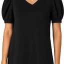 KIFOVEN Women's Summer Cotton Dressy Tops V Neck Puff Short Sleeve Work Blouse Shirt (Black, XL)