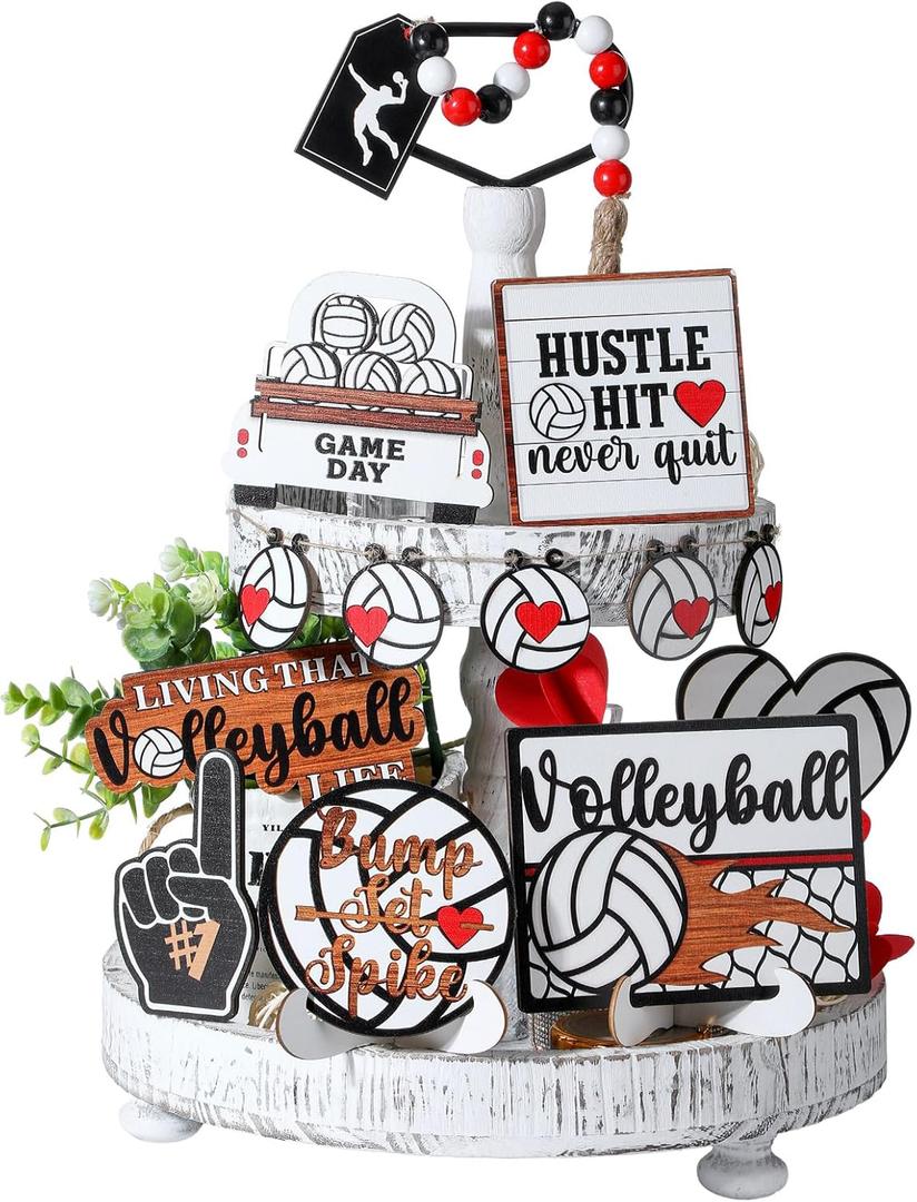 13 Pcs Volleyball Tiered Tray Decor Wooden Volleyball Table Centerpieces Decor Rustic Wooden Sport Game Sign for Fans Theme Party Supplies