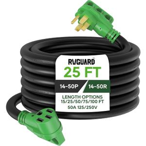 RVGUARD 50 Amp 25 Foot RV/EV Extension Cord, NEMA 14-50P/R Heavy Duty Extension Cord with LED Power Indicator and Cord Organizer, Green, ETL Listed