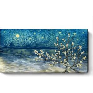 Large Wall Art for Living Room Modern Blue Framed Tree Canvas Print Floral Plum Blossom at Starry Night Landscape Wall Picture Flower Artwork Teal Lake Painting Home Bedroom Décor 48"x24"