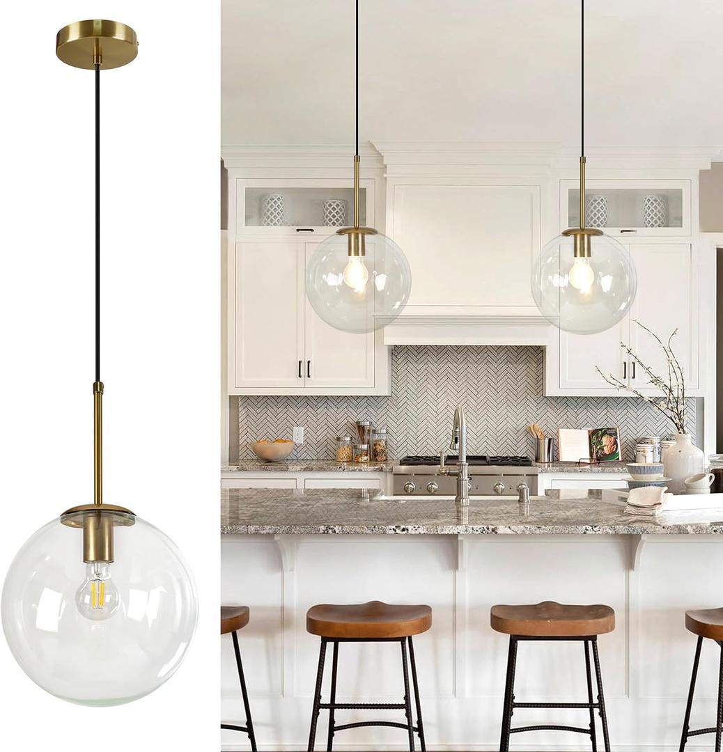 10" Globe Clear Glass Pendant Light, Mid Century Modern Light Fixture for Dining Room, Bedroom, Kitchen Island Lighting, Brushed Brass Gold