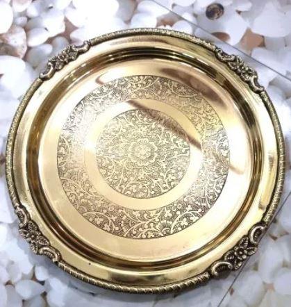 Craftsman 10 Inch Pure Brass Floral Design Pooja Aarti Thali Plate for Mandir, Temple, Indian Festival, Diwali, Aarti Platter for Prayer, Wedding Gift