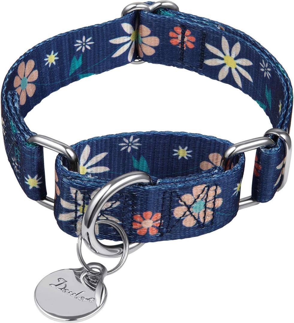 Martingale Collar Floral Print Puppy Dog Collar - No Pull Pet Collar, Heavy Duty Adjustable Dog Collar, Small, Neck 11 Inch -15.5 Inch, Elegant Flowers (Dark Blue)